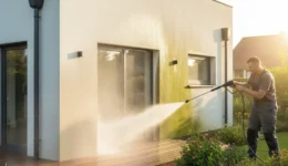Homme effectuant un lavage à pression résidentiel sur l'extérieur de la maison et la terrasse en bois, restaurant la propreté.