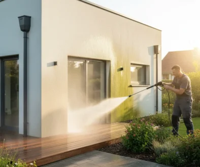 Homme effectuant un lavage à pression résidentiel sur l'extérieur de la maison et la terrasse en bois, restaurant la propreté.